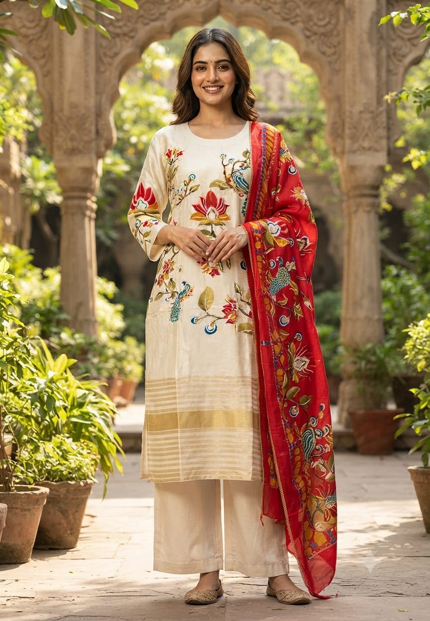 Premium Ivory Peacock & Floral Printed Straight Full Suit Set With Dupatta- 15751