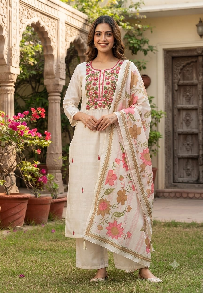Crochet Floral Katha Embroidered Yoke Surat Mul-Chanderi Straight Full Suit Set With Dupatta- 15746