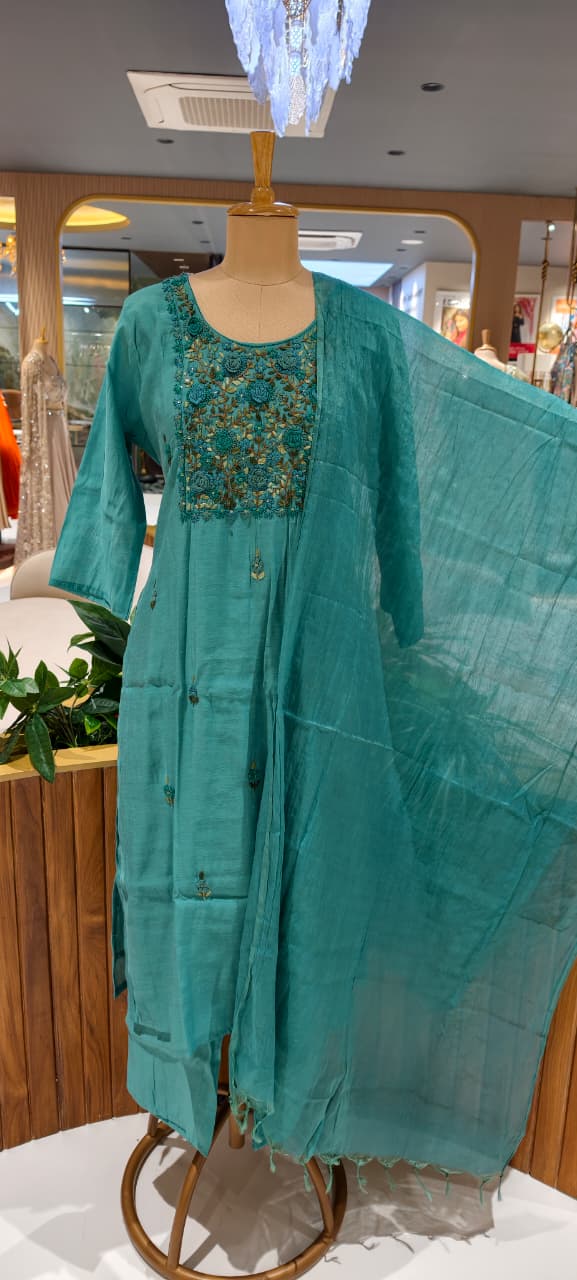 Surat Mulchanderi Rose Floral Crochet Embroidered Work Yoke Full Suit Set With Dupatta- 15745