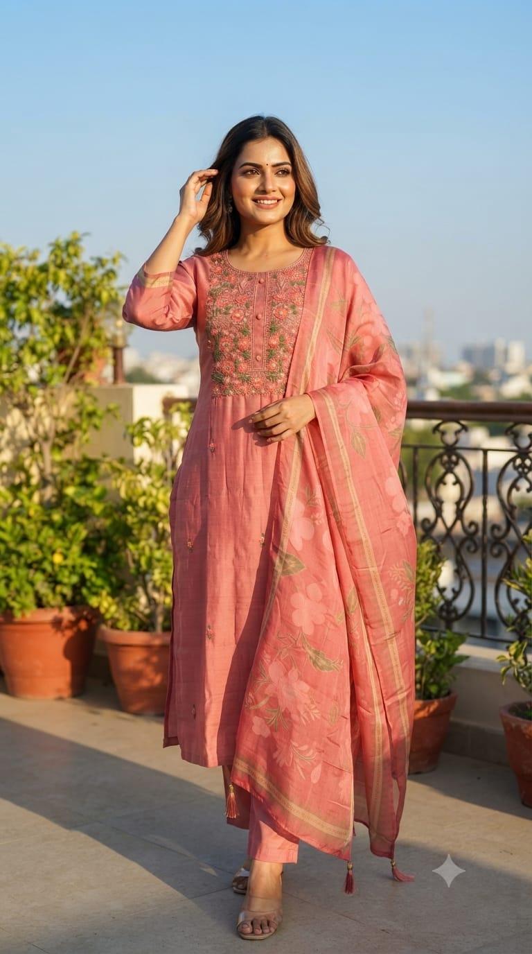 Crochet Floral Katha Embroidered Yoke Surat Mul-Chanderi Straight Full Suit Set With Dupatta- 15746