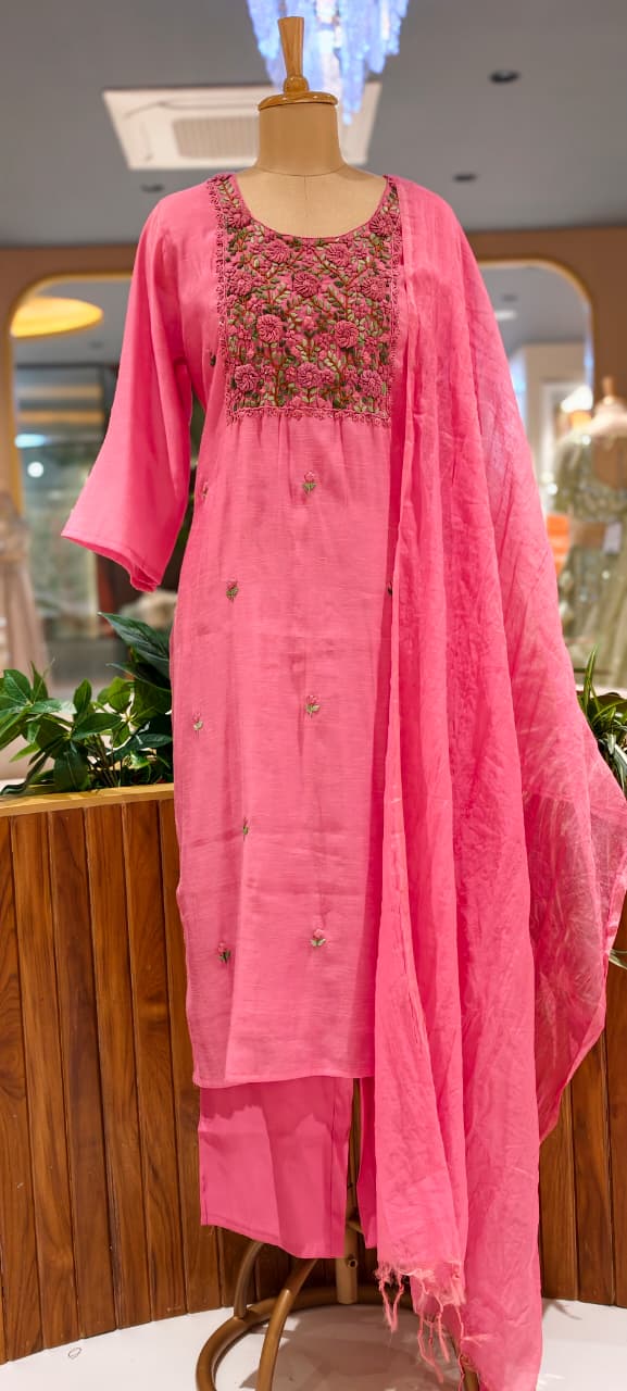 Surat Mulchanderi Rose Floral Crochet Embroidered Work Yoke Full Suit Set With Dupatta- 15745