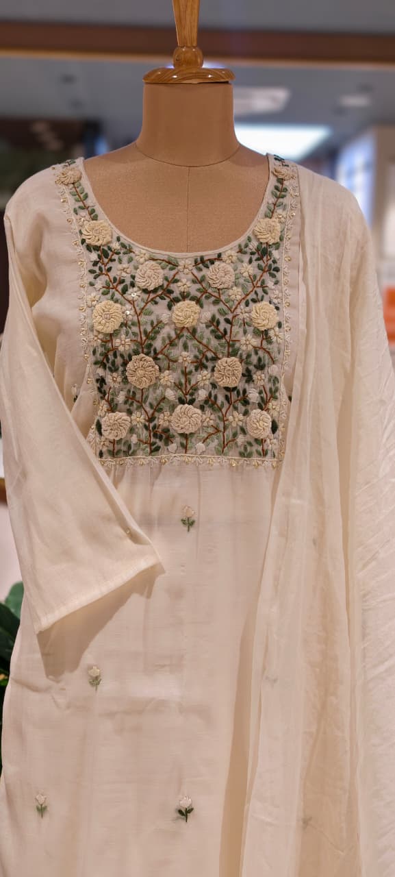Surat Mulchanderi Rose Floral Crochet Embroidered Work Yoke Full Suit Set With Dupatta- 15745