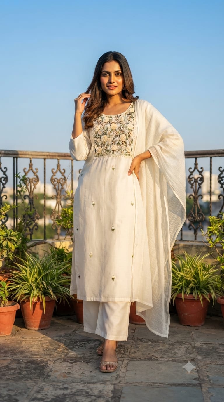 Surat Mulchanderi Rose Floral Crochet Embroidered Work Yoke Full Suit Set With Dupatta- 15745