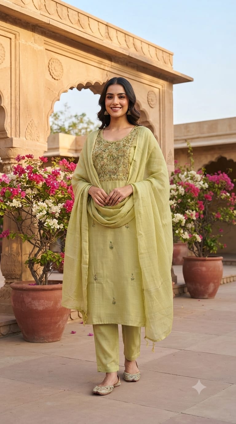 Surat Mulchanderi Rose Floral Crochet Embroidered Work Yoke Full Suit Set With Dupatta- 15745