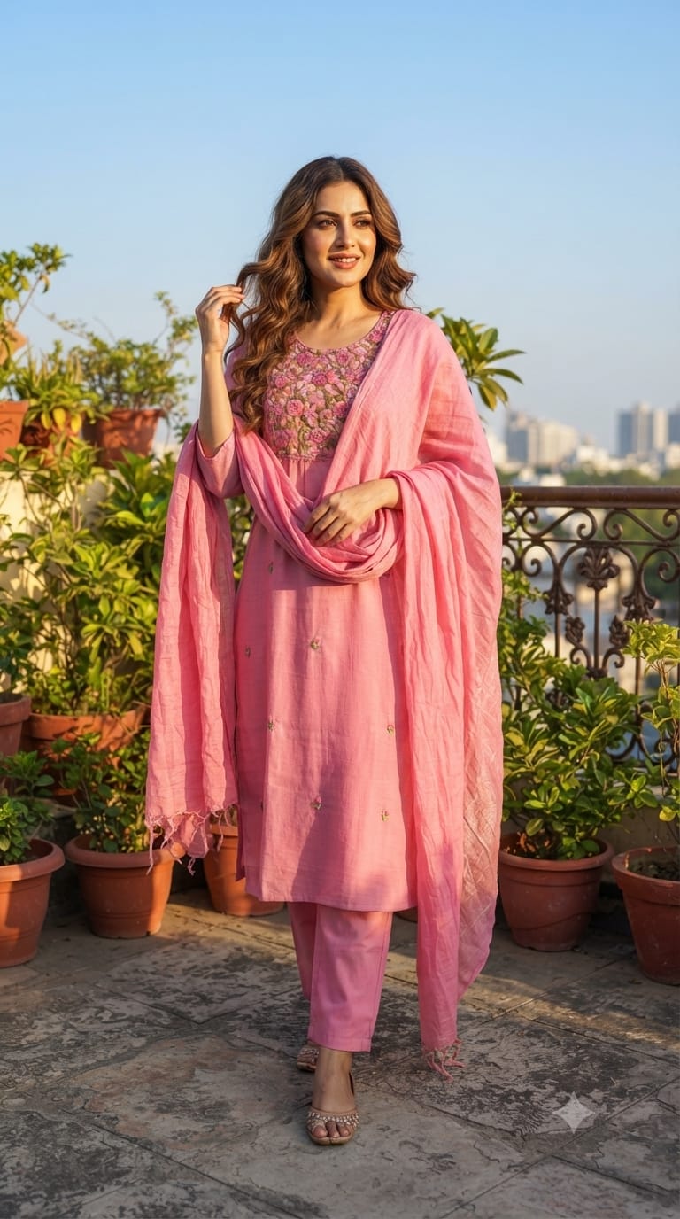 Surat Mulchanderi Rose Floral Crochet Embroidered Work Yoke Full Suit Set With Dupatta- 15745