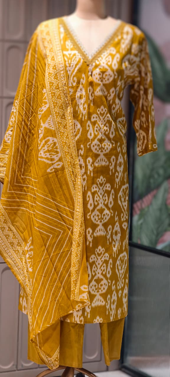 Lace Neckline Ikkat Print Breathable Cotton Full Suit Set With Dupatta- 15750