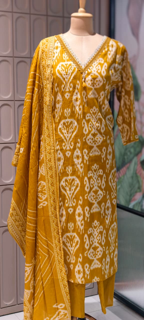 Lace Neckline Ikkat Print Breathable Cotton Full Suit Set With Dupatta- 15750