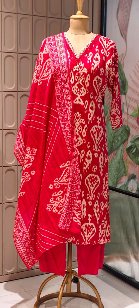 Lace Neckline Ikkat Print Breathable Cotton Full Suit Set With Dupatta- 15750