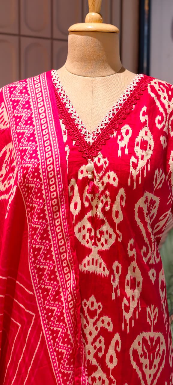 Lace Neckline Ikkat Print Breathable Cotton Full Suit Set With Dupatta- 15750