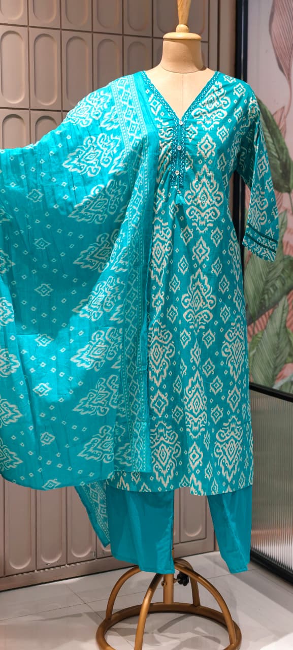 Ikkat Print Light Weight Cotton Full Suit Set With Dupatta With Minimal Neckline- 15749