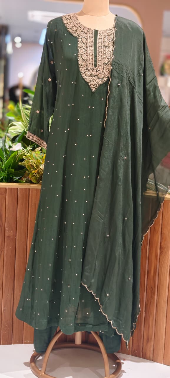 Zardosi Neckline Scattered Shimmer Chinon Panel Anarkali Full Suit Set With Dupatta- 15503