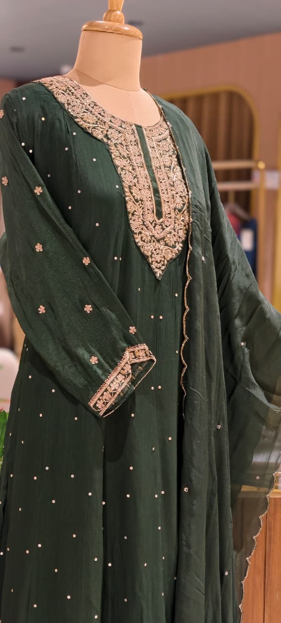 Zardosi Neckline Scattered Shimmer Chinon Panel Anarkali Full Suit Set With Dupatta- 15503