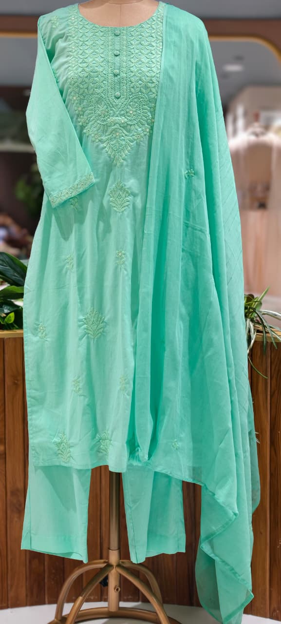Chikankari Thread Embroidered Yoke Cotton Straight Full Suit Set With Dupatta- 15649