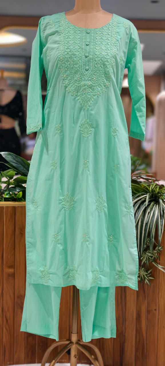 Chikankari Thread Embroidered Yoke Cotton Straight Full Suit Set With Dupatta- 15649