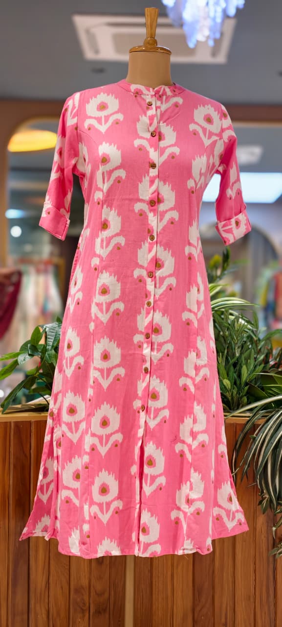 Manderian Collar Printed Light Shade Cotton Kurti Only- 15697