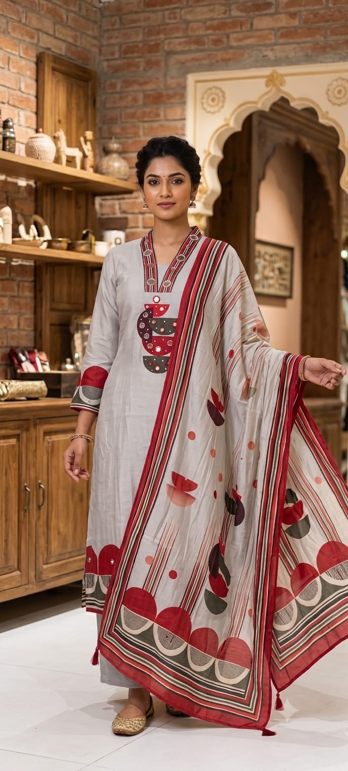 Beige & Grey Accent Geometric Print with Mirror Work Full Suit Set With Dupatta- 15730