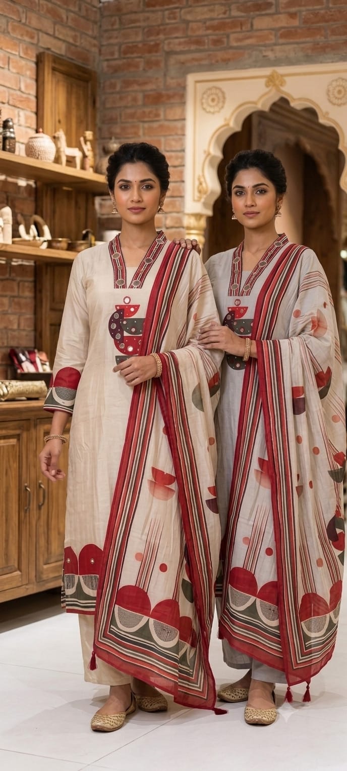 Beige & Grey Accent Geometric Print with Mirror Work Full Suit Set With Dupatta- 15730