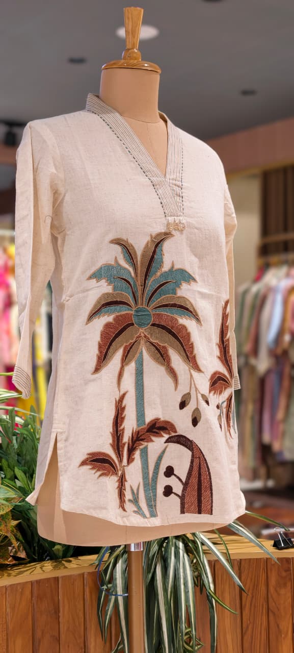 The Loom & Leaf Artistic Embroidered V-Neck Cotton Short Kurti- 15719