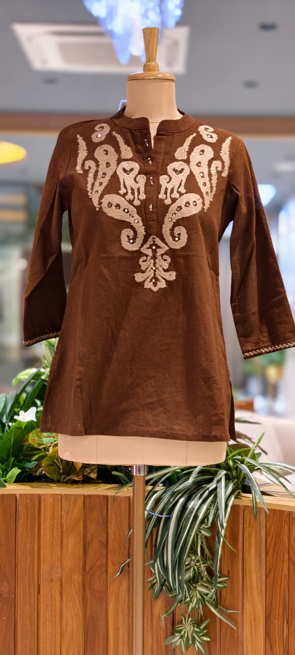 Banjara Bloom Mango Buti Thread Embroidered Cotton Kurti Only- 15721