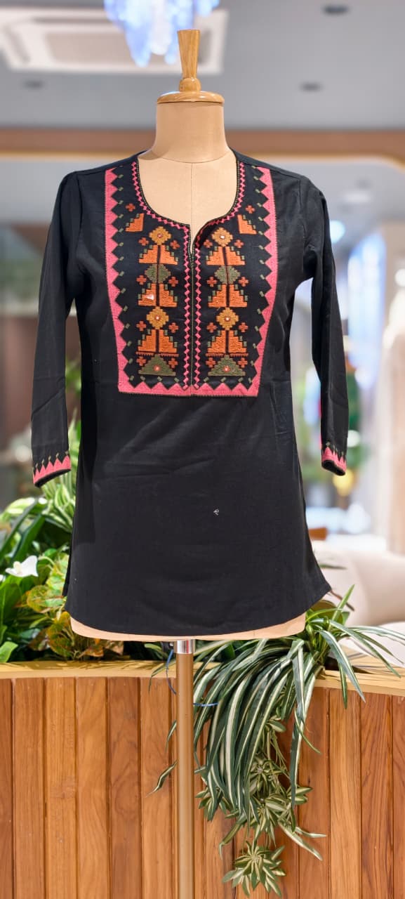 Abstract Nomad Thread Stitch Cotton Short Kurti Only- 15717