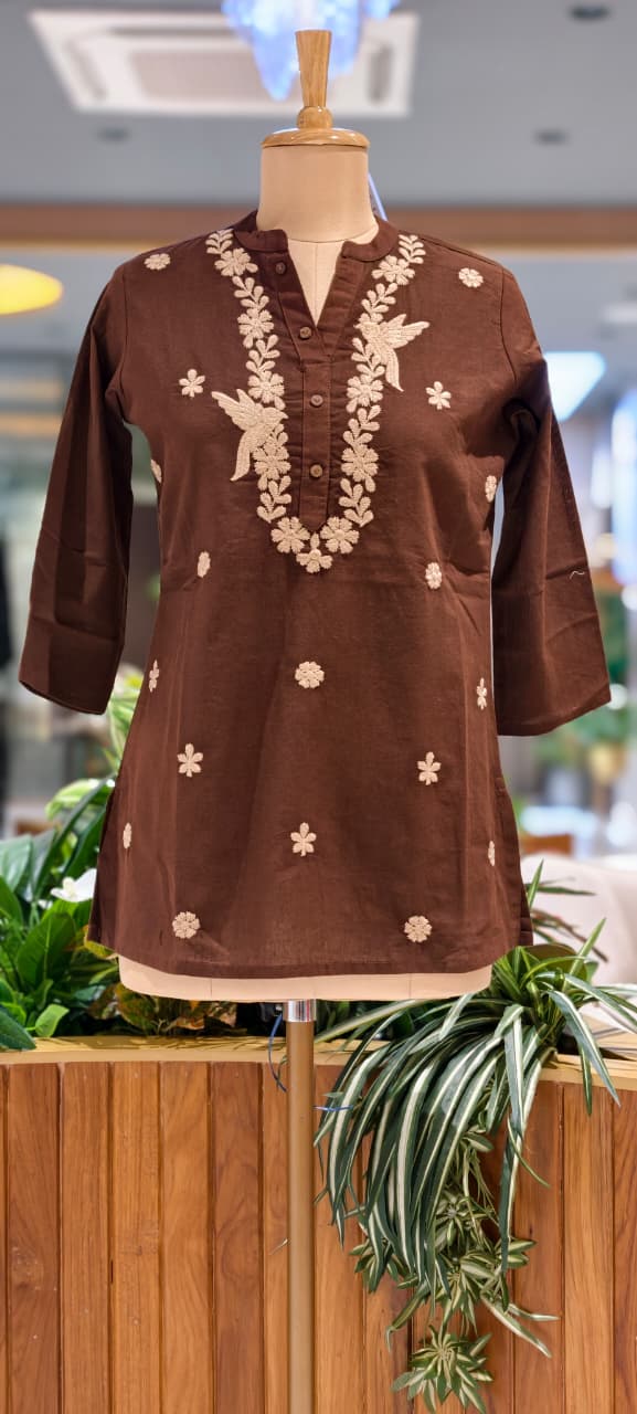 Threadscape Bird & Floral Embroidered Cotton Short Kurti Only- 15718