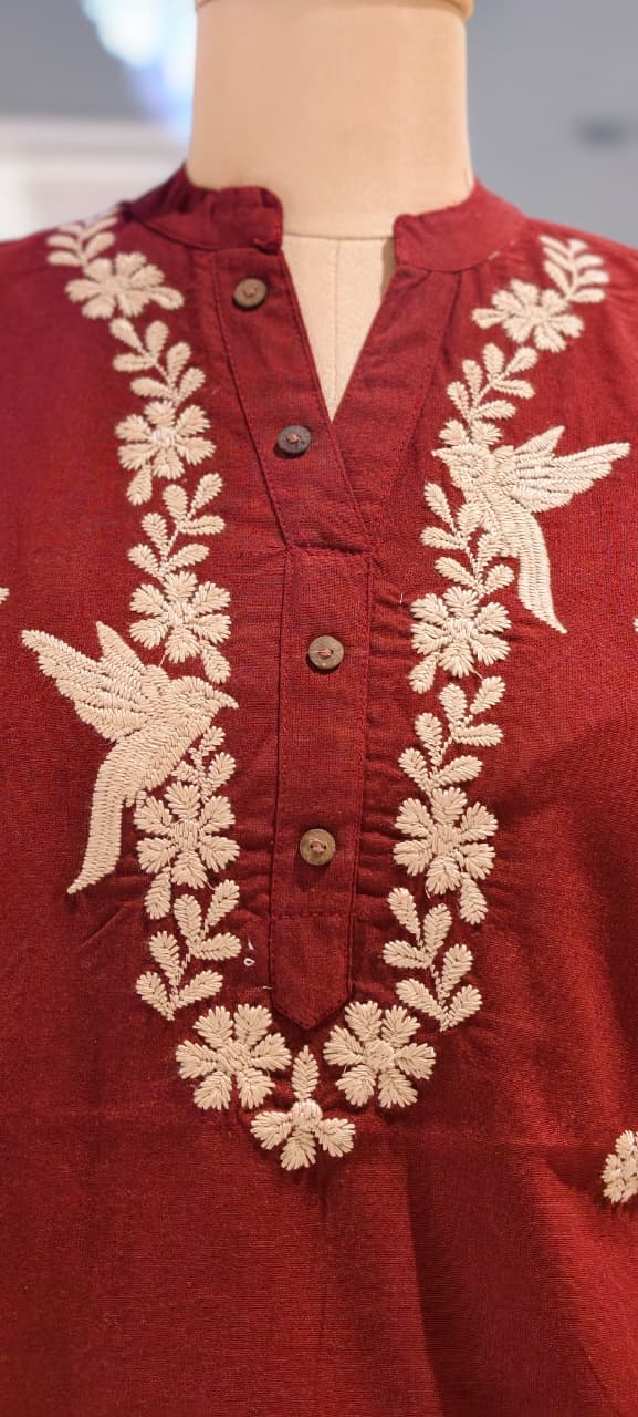 Threadscape Bird & Floral Embroidered Cotton Short Kurti Only- 15718