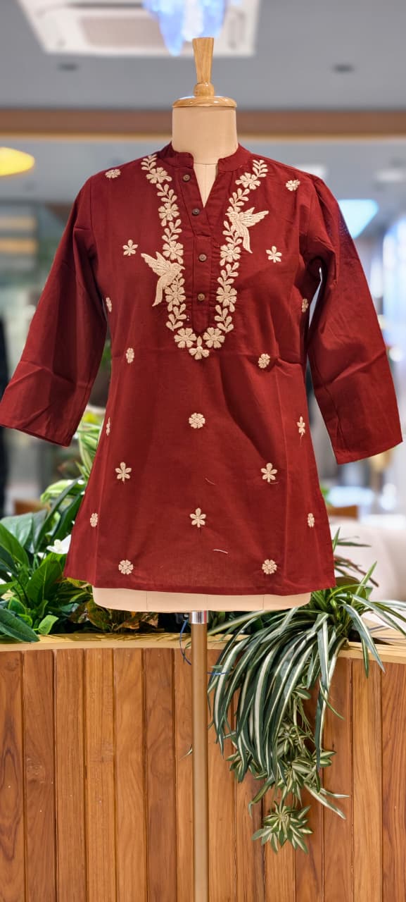 Threadscape Bird & Floral Embroidered Cotton Short Kurti Only- 15718