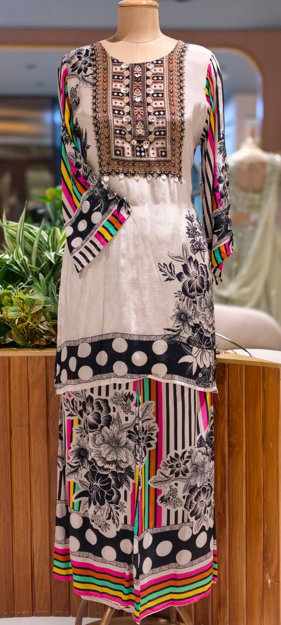 Attractive Digital Neon Highlighted Motifs Pure Crepe Co-Ord Set- 15763