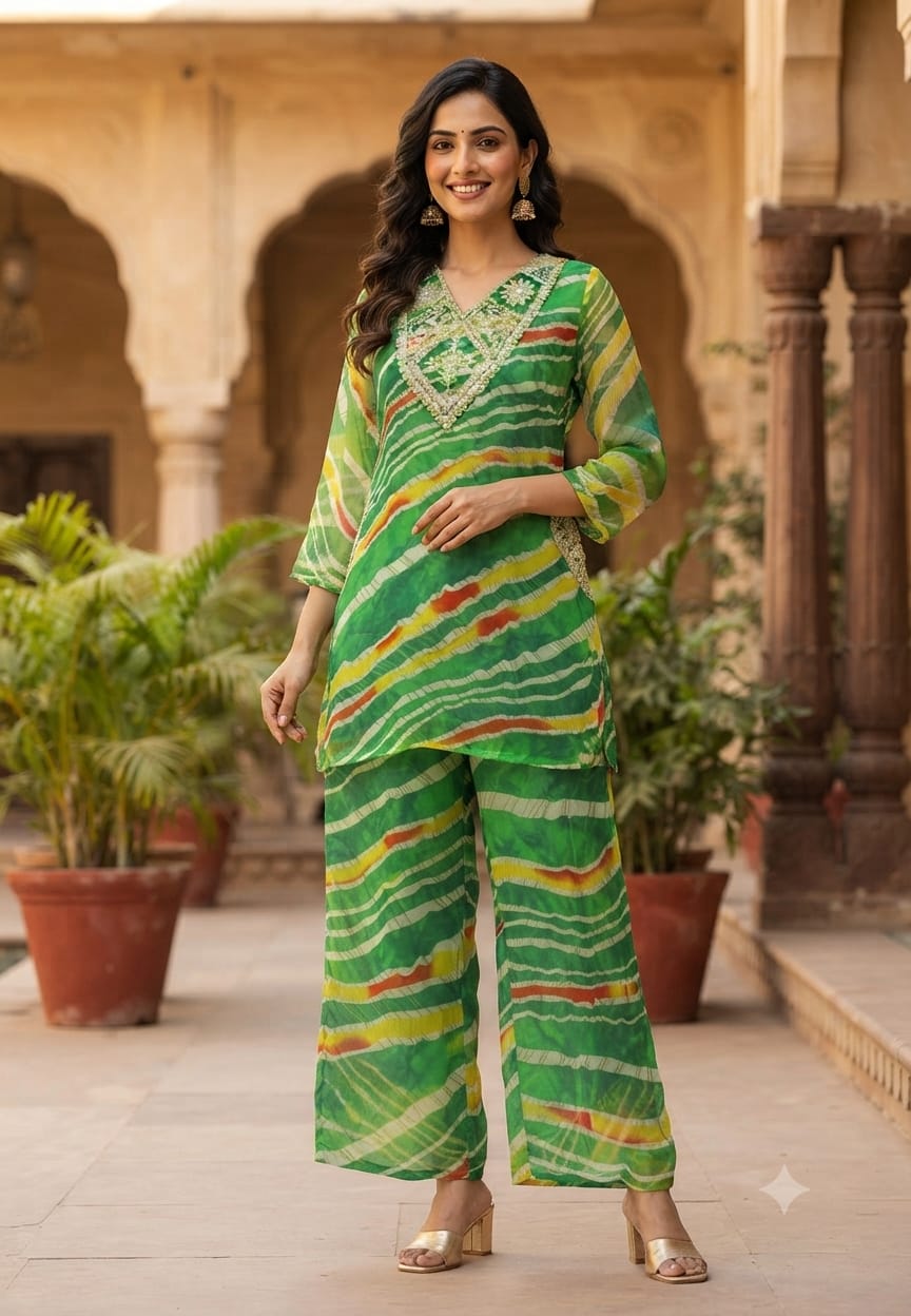 Zari Golden Embroidered Multicolor Leheriya Print Side Pockets Chinon Co-Ord Set- 15760