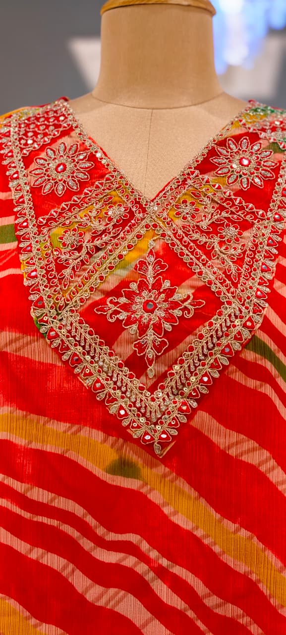 Zari Golden Embroidered Multicolor Leheriya Print Side Pockets Chinon Co-Ord Set- 15760
