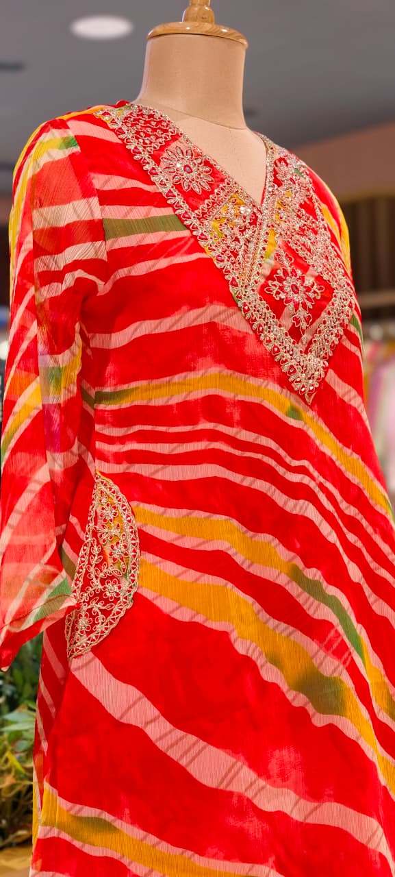 Zari Golden Embroidered Multicolor Leheriya Print Side Pockets Chinon Co-Ord Set- 15760
