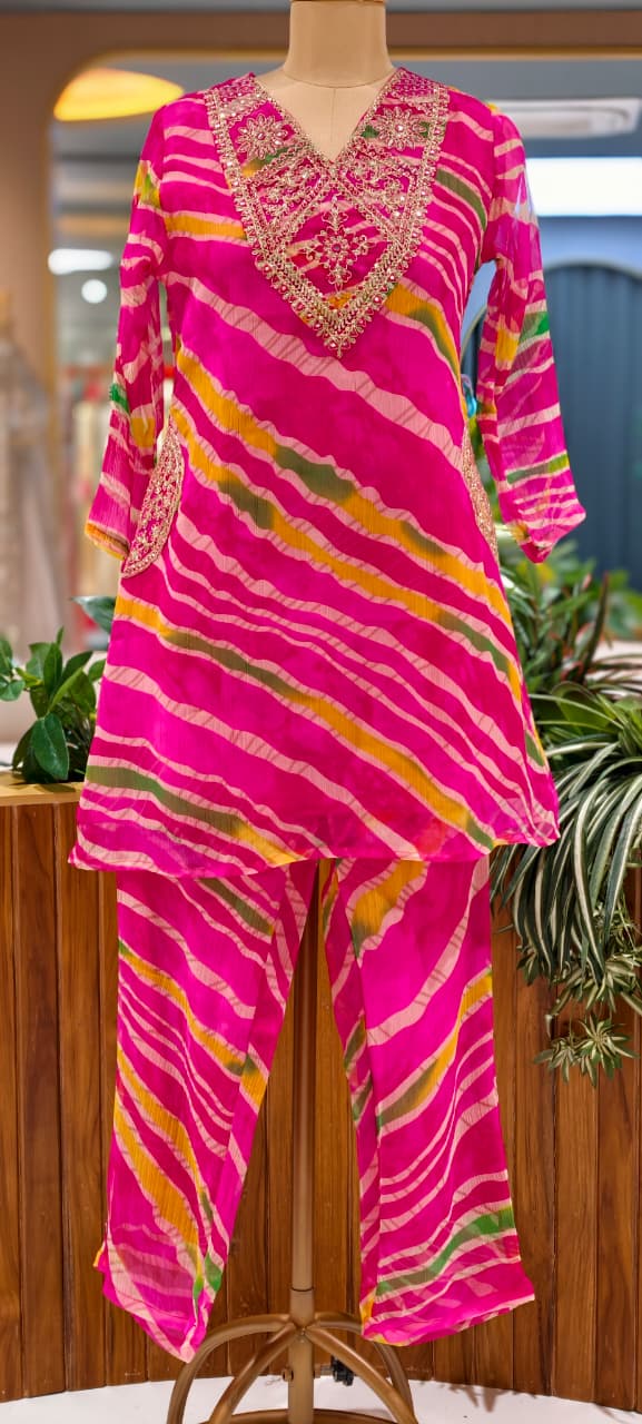 Zari Golden Embroidered Multicolor Leheriya Print Side Pockets Chinon Co-Ord Set- 15760