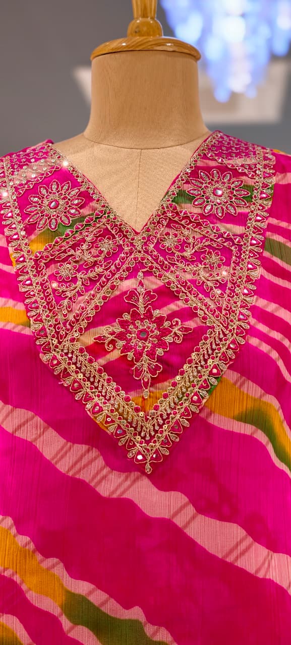 Zari Golden Embroidered Multicolor Leheriya Print Side Pockets Chinon Co-Ord Set- 15760