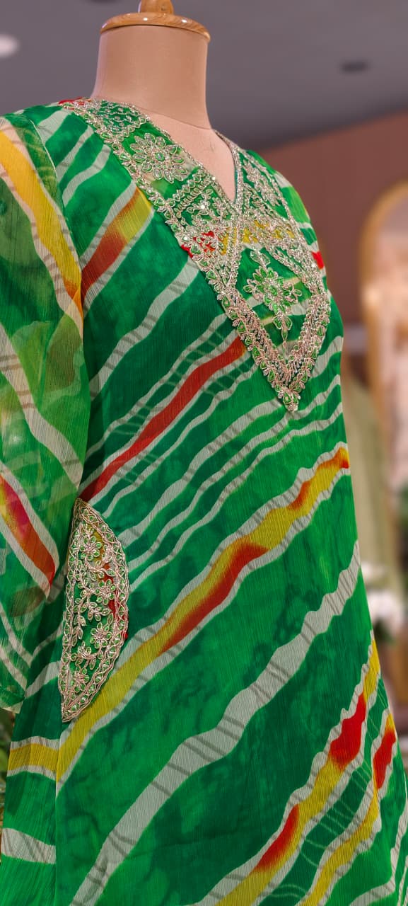 Zari Golden Embroidered Multicolor Leheriya Print Side Pockets Chinon Co-Ord Set- 15760