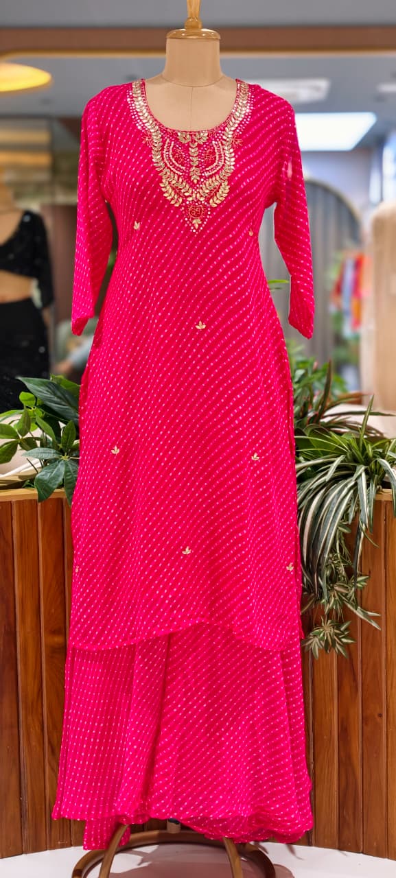 Elegant Traditional Gotta Embroidered Leheriya Pattern Semi Georgette Full Suit Set With Dupatta- 15118