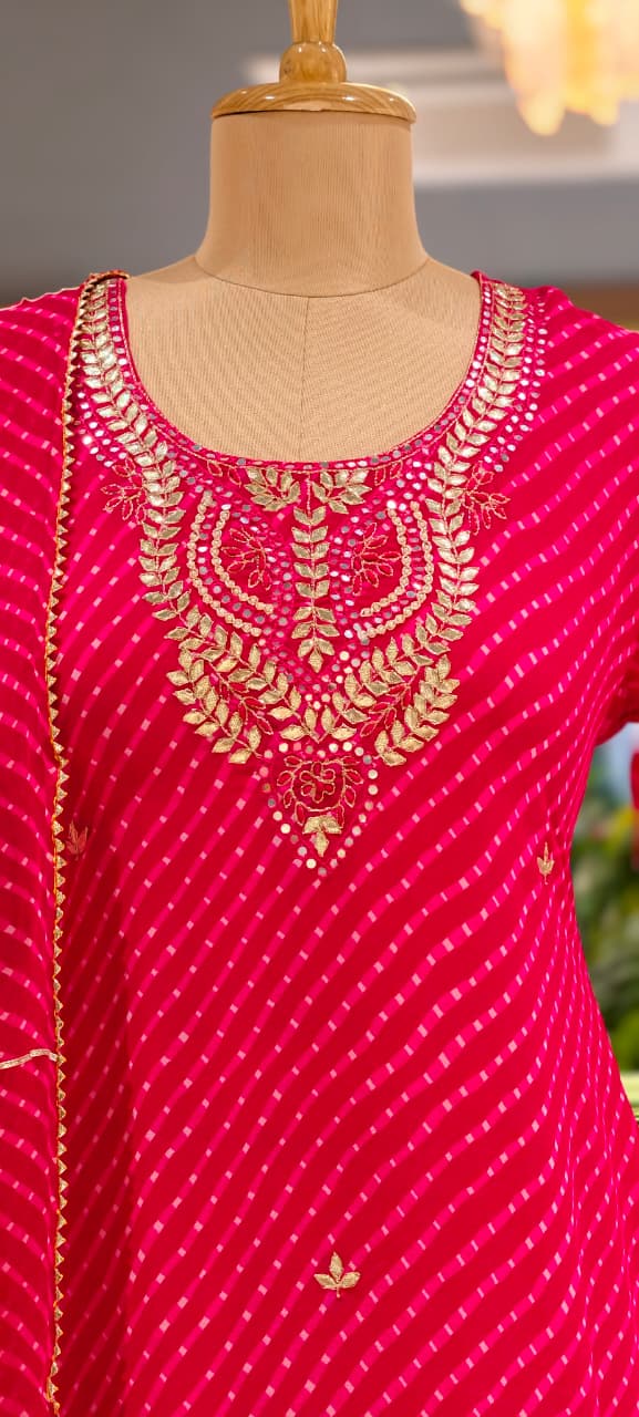 Elegant Traditional Gotta Embroidered Leheriya Pattern Semi Georgette Full Suit Set With Dupatta- 15118