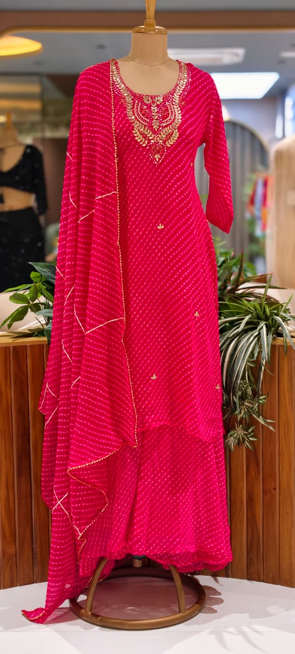 Elegant Traditional Gotta Embroidered Leheriya Pattern Semi Georgette Full Suit Set With Dupatta- 15118