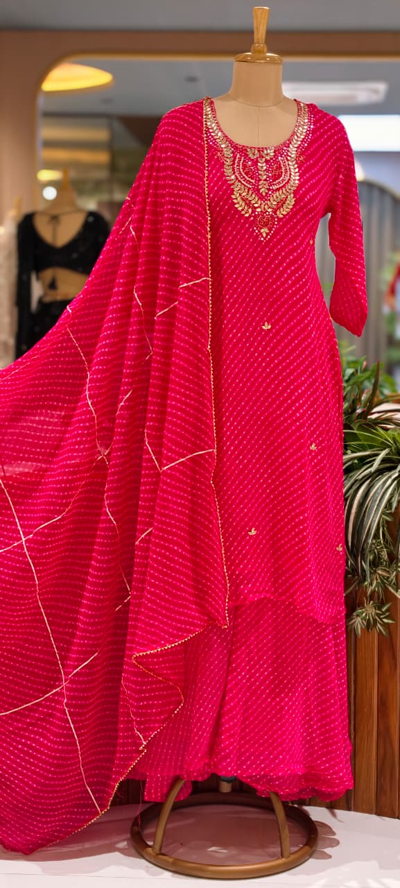 Elegant Traditional Gotta Embroidered Leheriya Pattern Semi Georgette Full Suit Set With Dupatta- 15118