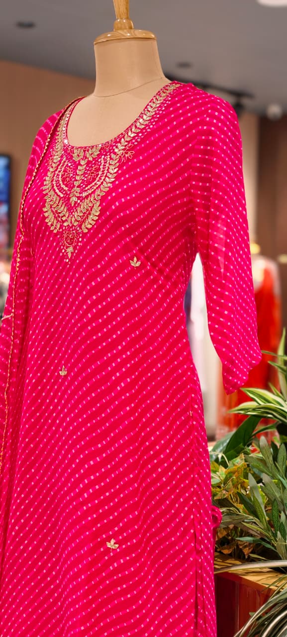 Elegant Traditional Gotta Embroidered Leheriya Pattern Semi Georgette Full Suit Set With Dupatta- 15118