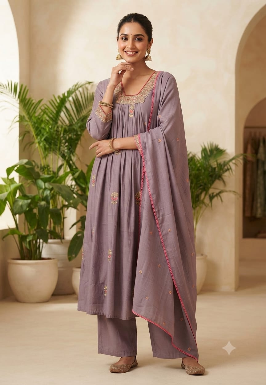 Fine Zari Embroidered Neckline Scattered Floral Pleated A-Line Surat Mul-Chanderi Full Suit Set With Dupatta- 15805