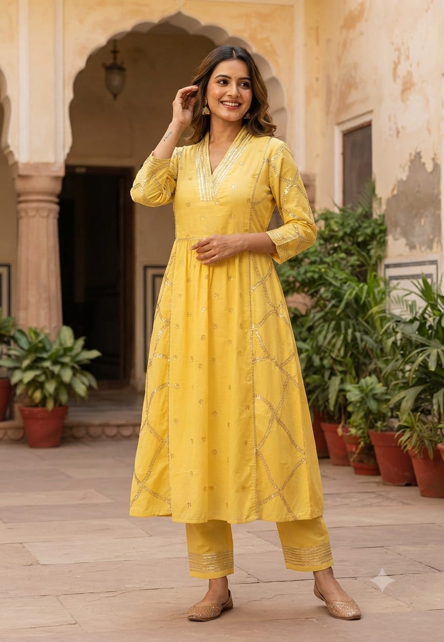 Graceful Embroidered Anarkali Kurta Set with Matching Pants – Elegant Ethnic Wear for Festive Occasion Mul Cotton Fabric--15818