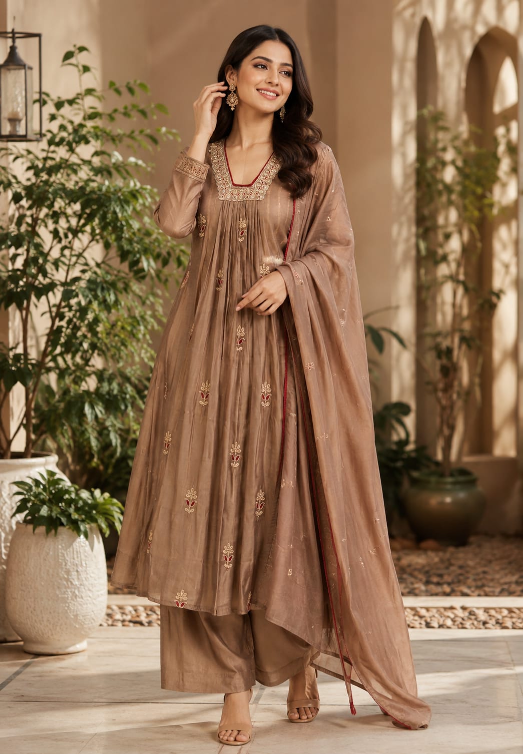 Fine Zari Embroidered Neckline Scattered Floral Pleated A-Line Surat Mul-Chanderi Full Suit Set With Dupatta- 15805