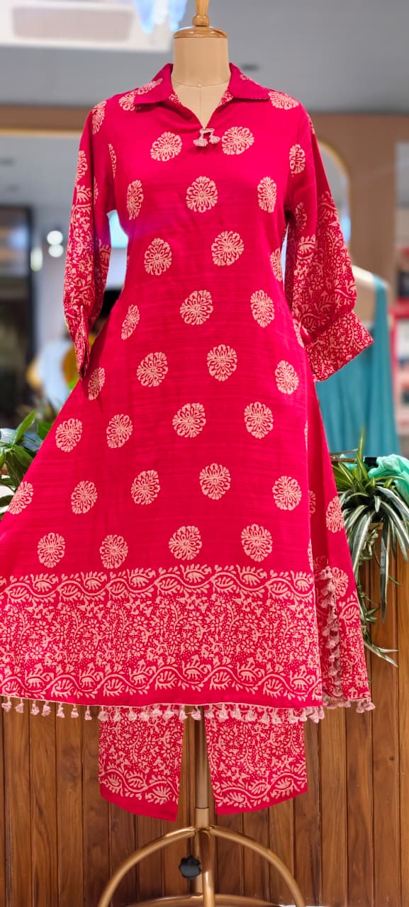 Premium Pink & Green Floral Block Motifts Ethnic A-Line Kurta Pant Set- 15836