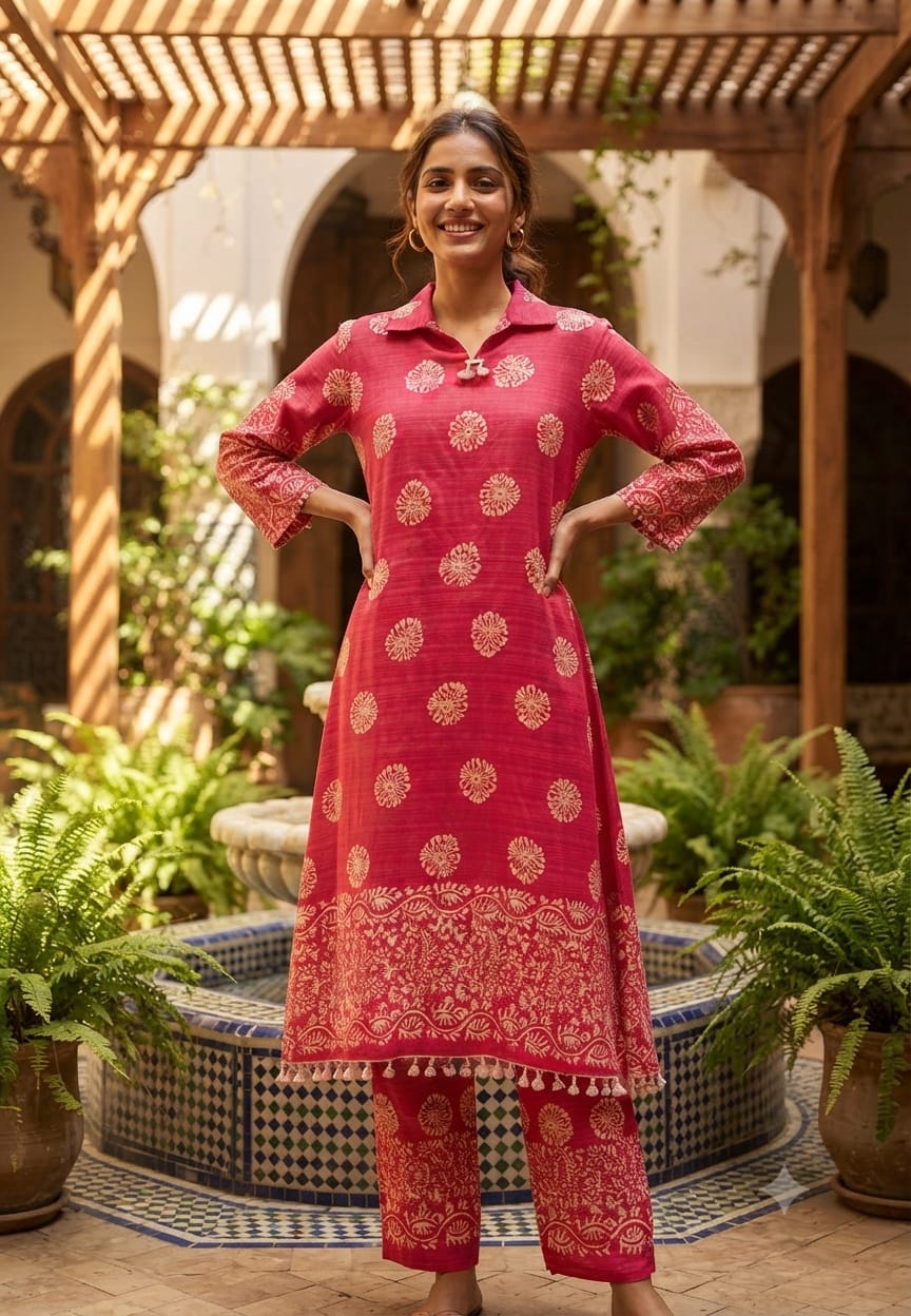 Premium Pink & Green Floral Block Motifts Ethnic A-Line Kurta Pant Set- 15836