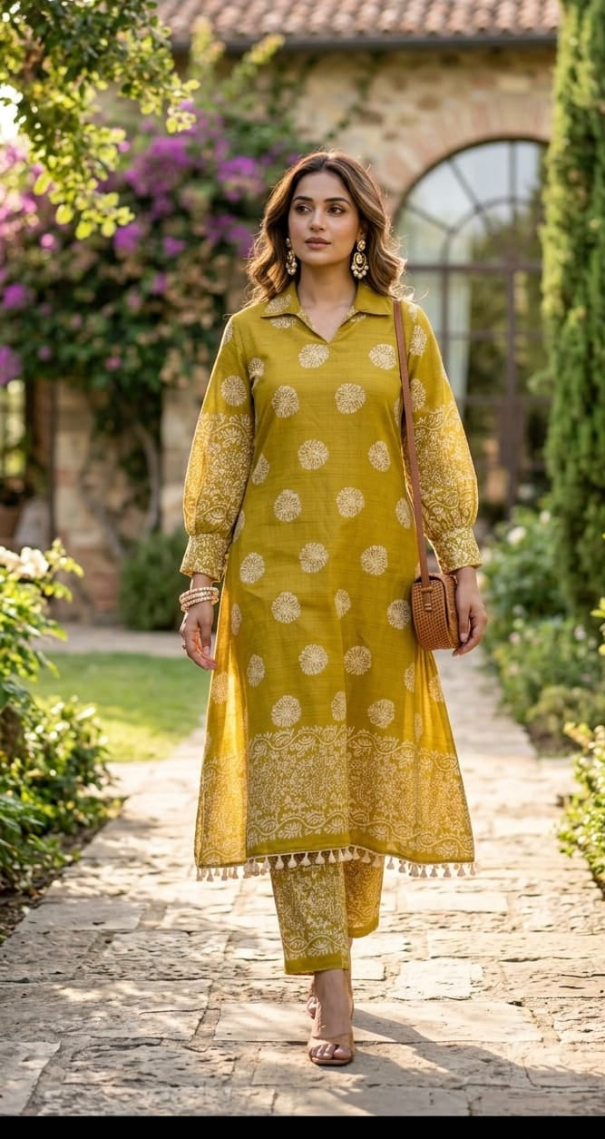 Premium Pink & Green Floral Block Motifts Ethnic A-Line Kurta Pant Set- 15836