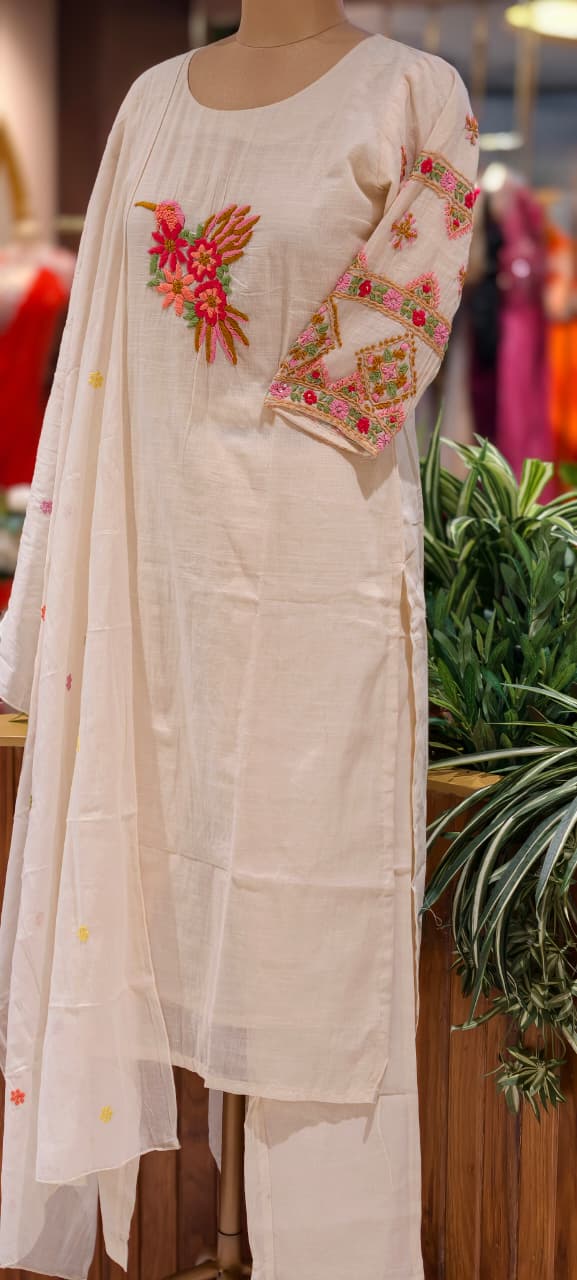 Ivory Floral Embroidery Over Sleeve & Figured Yoke Kora Cotton Full Suit Set With Dupatta- 15848
