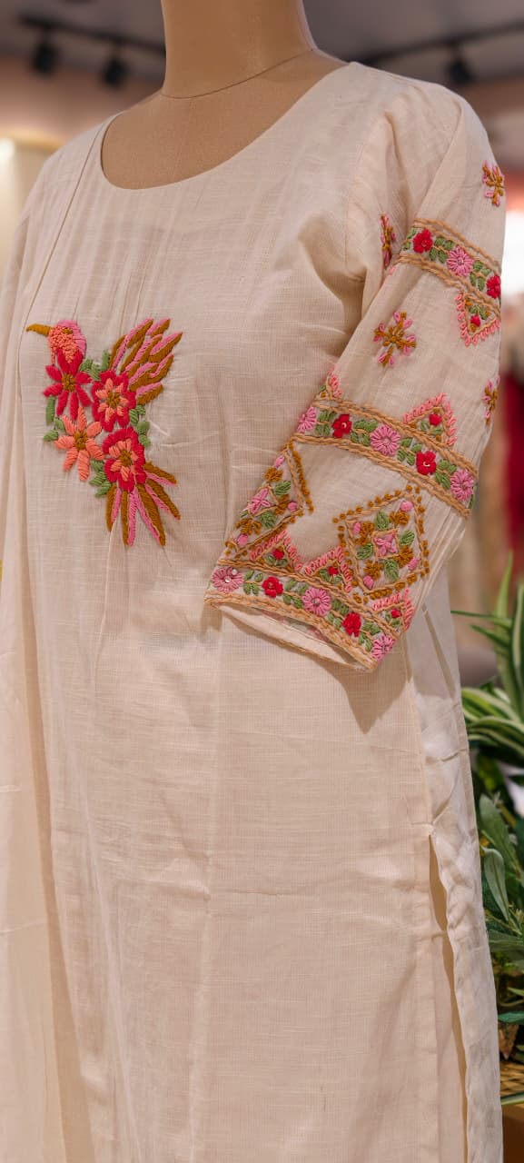 Ivory Floral Embroidery Over Sleeve & Figured Yoke Kora Cotton Full Suit Set With Dupatta- 15848