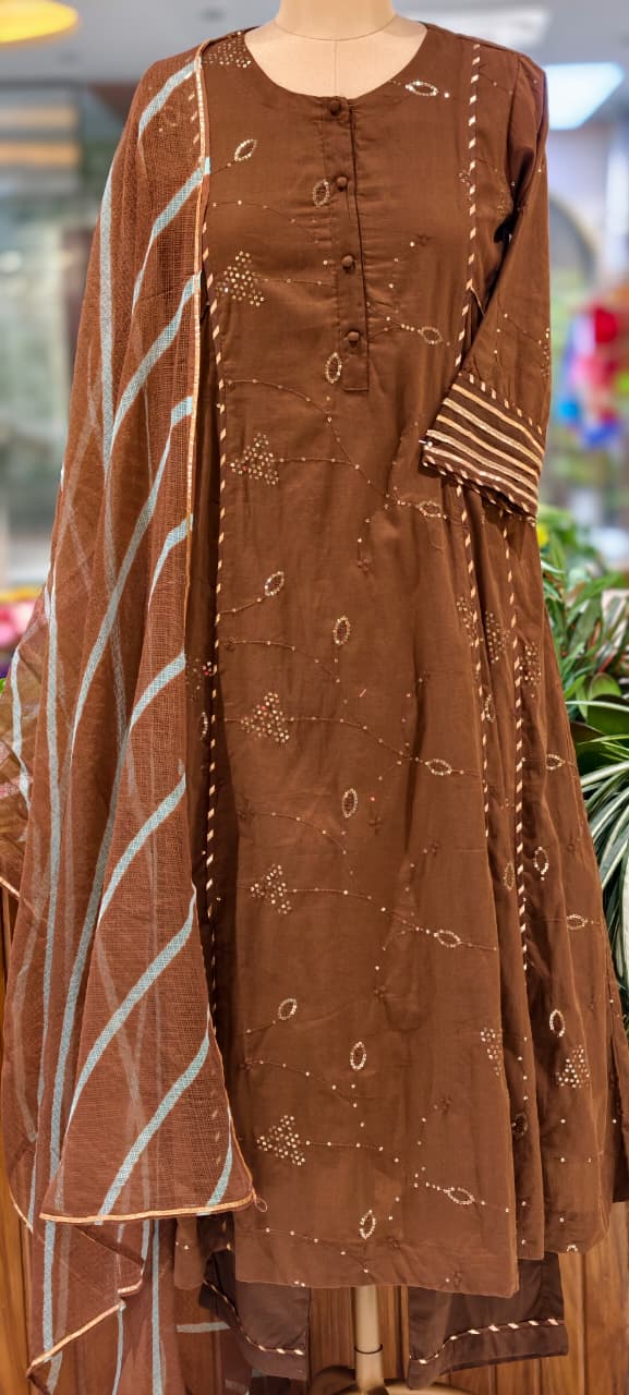 Beautiful Handcrafted Mul Cotton Suit Set with Embroidered Kurta, Matching Bottom & Printed Dupatta- 15820