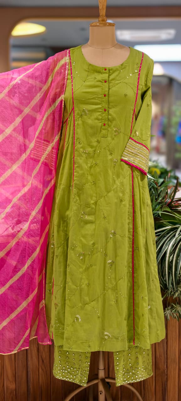 Beautiful Handcrafted Mul Cotton Suit Set with Embroidered Kurta, Matching Bottom & Printed Dupatta- 15820