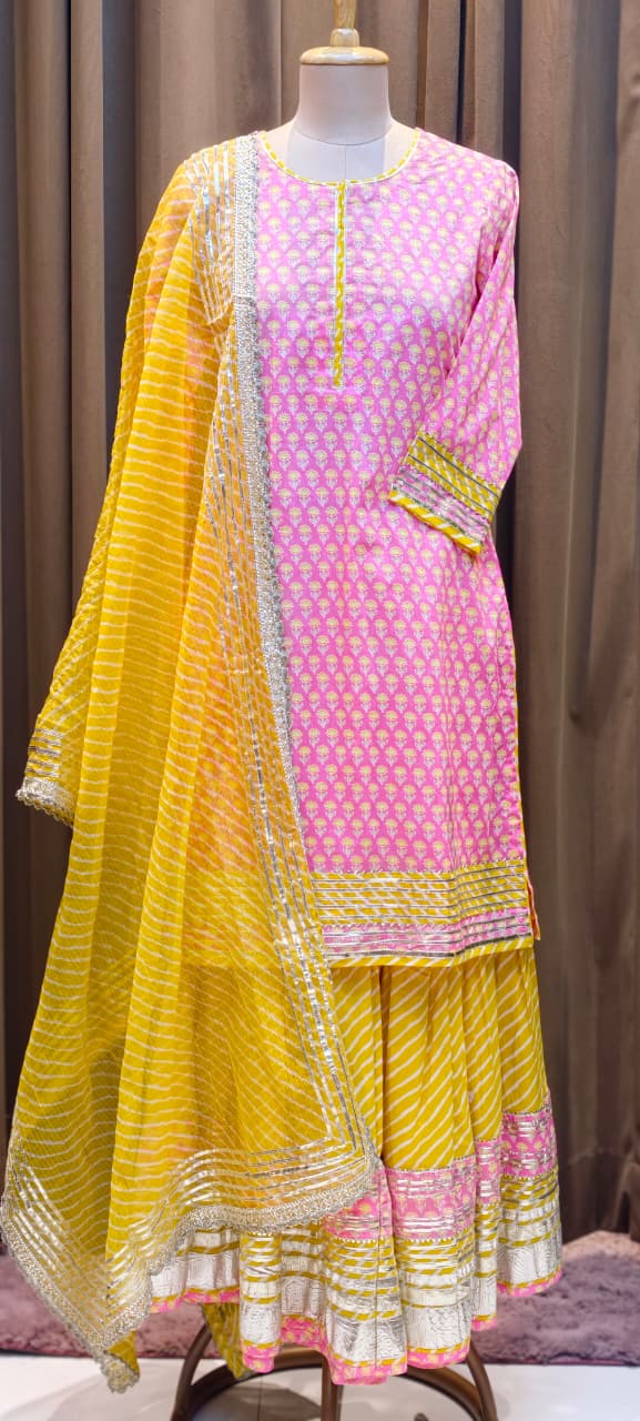 Pure Cottom Elegant Gotta Patti Work Floral Block Prints Ethnic Wear Full Suit Set With Dupatta & Heavy Sharara Bottom- 15837